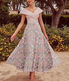 preiswerte -Rosa Blumen A-Linie Bestickte Cocktailkleider Elegantes Kleid Formelle Hochzeit Hochzeitsgast Knöchellang Kurzarm Schulterfrei Pailletten mit Glitzer Derby Kleider 2025
