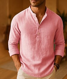 economico -Per uomo Camicia Camicia di lino Camicia popover Camicia casual Camicia di cotone Semplice Vacanza Camicia hawaiana Rosa scuro Nero Bianco Cachi Manica Lunga Colletto alla coreana Primavera Autunno