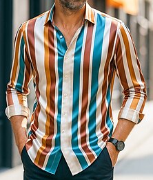 preiswerte -Herren Hemd Satinhemd Gestreiftes Hemd Freizeithemd Knopfhemd Gestreift Hochzeit Urlaub Regenbogen Langarm Kragen Frühling & Herbst Bekleidung