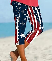 abordables -Leggings patriotes pour femmes du Jour de l'Indépendance pantalons Capri haute élasticité shorts de plage mode vintage basiques longueur mollet taille haute graphique américain impression drapeau