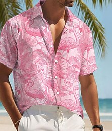 preiswerte -Herren Flamingo Vogel Tropische Pflanzen Hemd Sommer Hawaiihemd Knopfhemd Kurzarm Hawaiianisch Resort Urlaub Ferien Strandbekleidung Sommer Frühling Umlegekragen 3D-Druck Hemden mit Kragen Rosa Blau