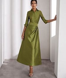 economico -Linea ad A Abiti da Cocktail Elegante Vestito Formale Matrimonio Lunghezza alla caviglia Manica Lunga Colletto a Camicia Taffetà con Pieghe Spacco 2025