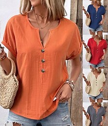 economico -Per donna Blusa Tinta unica Semplice Elegante Vintage Casual Manica Corta Scollo a V Collo a V Top Regolari Quotidiano Ferie Bottoni Bianco Rosso Blu marino Arancione Beige Estate Primavera