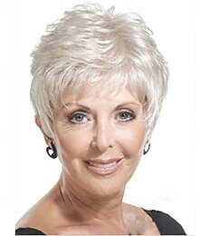 economico -Parrucche sintetiche corte color argento con frangia per donne anziane, bianche, eleganti e soffici, a strati, parrucche naturali soffici e resistenti al calore per mamma, nonna e nonna.