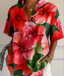 economico -Per donna Camicia Floreale Grafico Vintage Tropicale Quotidiano Manica Corta Colletto a Camicia Top Regolari Quotidiano Rosso Estate Primavera