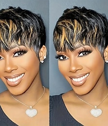 economico -Parrucche pixie cut per donne nere, parrucca sintetica, parrucca pixie cut, parrucche corte a strati, piene con frangia nera