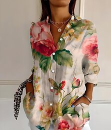 economico -Per donna Camicia Ombre Floreale Grafico Vintage Tropicale Elegante Manica Lunga Colletto a Camicia Top Regolari Lavoro Quotidiano Bottoni Stampato Bianco Rosa Rosso Verde Beige Estate Primavera