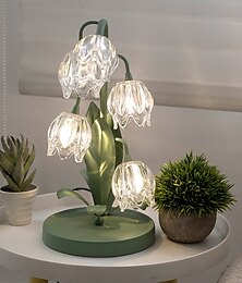 economico -Lampada da tavolo vintage a forma di tulipano verde, lampada da comodino con fiore, lampadine a LED G4, elegante lampada da comodino floreale per camera da letto, soggiorno, ufficio, lettura
