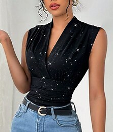 economico -Per donna Canotta a canotta Tinta unica Quotidiano Casual Senza Maniche Scollo a V Top Regolari Quotidiano Uscire Paillettes Nero Estate