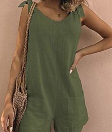 economico -Per donna Normale Pantaloni in lino e cotone Streetwear Tinta unica Senza Maniche Scollo a V Tasca Streetwear Quotidiano Vestibilità regolare Bianco Giallo Verde militare Estate