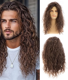 economico -Parrucca da uomo lunga e riccia castana con capelli sintetici, stile rocker anni '70 e '80, per cosplay, feste di Halloween