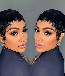voordelige -Pixie cut pruik, synthetische pruik, korte rechte bob pruik voor zwarte vrouwen, natuurlijke zwarte kleur