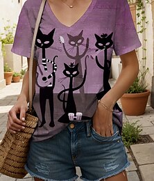 baratos -Mulheres Camiseta Gráfico Animal Gato Vintage à moda Clássico Manga Curta Decote V Tops regulares Diário Imprimir Rosa empoeirada Castanho Claro Azul Roxo Verde Verão Primavera