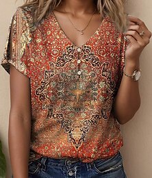 abordables -Mujer Camiseta Graphic Cachemir Vintage Elegante Clásico Manga Corta Escote en Pico Tops regulares Diario Noche Fin de semana Estampado Azul Piscina Fucsia Naranja Verano Primavera