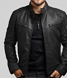 economico -Per uomo Giacche di pelle Giacca di transizione All'aperto Giacca a Vento Tasca Tutte le stagioni Semplice Streetwear Collo alla coreana Regolare Finta pelle Nero Marrone Giacca