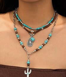 economico -Set di collana da donna con perline turchesi a strati in stile western – gioielli boho con ciondoli a forma di cactus e lacrima, ideale per festival, concerti country e abbigliamento casual