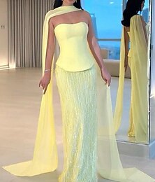 abordables -Robe jaune sirène / trompette robe haute couture robe de soirée robe corset robe formelle robe semi-formelle mariage longueur au sol sans manches sans bretelles écharpe en mousseline avec jupe à