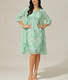 voordelige -Dames Knielengte jurk Jurk Set A lijn jurk Jurk met jasje Elegant Formeel Feest Bruiloft gast Cocktailparty Ruim Passend 3/4 mouw V-hals Lichtgroen Zomer Lente Herfst