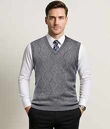 billige -Herre Genser vest Strikke Jacquard Geometrisk mønster V-hals Daglig Vester Feriereise Hjem Klær Ermeløs Sommer Vår Svart Kakifarget S M L