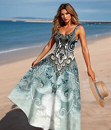 economico -Per donna Abito maxi Abito a trapezio Abito a spalle scoperte Vacanza Casual Spiaggia Feste Spiaggia Vestibilità regolare Grafico Paisley Stile Boho Senza Maniche Collo quadrato Scollo Tondo Verde