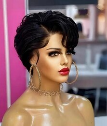 abordables -Perruque courte en cheveux humains avec dentelle frontale pour femmes noires, coupe Pixie, pré-épilée, avec cheveux de bébé