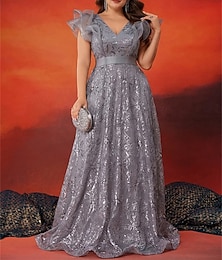 abordables -Vestidos A-Line Talla Grande Elegante Vestido Curvo Formal Boda Largo hasta el Suelo Sin Mangas Cuello en V Encaje con Lentejuelas