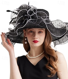 economico -Cappello da sole da donna elegante in organza a tesa larga, per matrimonio, festa del tè, cappello fascinator