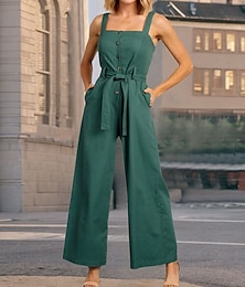 abordables -Mujer Normal Mono Casual Color sólido Sin Mangas Perneras anchas Botones Bolsillo Calle Diario Ajuste regular Negro Rojo Verde Trébol Verano