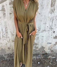abordables -Femmes Robe Longue Maxi Robe Robes en coton et lin Robe Décontractée Robe d'été Mode Basique Moderne Quotidien Week-end Coupe régulière Uni Manche Courte Col en V Blanche Chameau Été