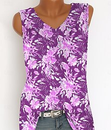 abordables -Mujer Camiseta sin mangas tipo camisola Floral Graphic Vintage Tropical Elegante Sin Mangas Escote en Pico Tops largos Diario Estampado Amarillo Azul Marino Morado Verde Trébol Verano Primavera