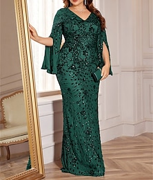 abordables -Robe Sirène  Trompette Grande Taille Élégante Robe Courbe De Mariage Formelle Longue Au Sol Manches Longues Col en V Pailletée Avec Paillettes 2025