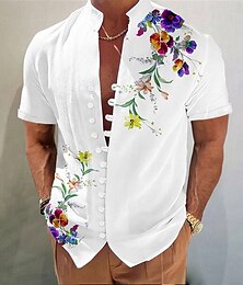 billige -Herre Blomstermønster Blomster Hawaii skjorte Aloha skjorte Skjorte med stativ krage Kortermet Hawaiisk Feriereise Strand Klær Sommer Vår Kinesisk Krave 3D-utskrift Button Down skjorter Rosa Blå Lilla