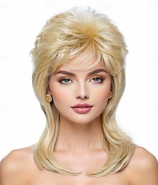 economico -Parrucche mullet per donne riccia sintetica resistente al calore capelli di lunghezza spalla costumi rocker anni '80 (Biondo mischiato al nero) Parrucche di Halloween
