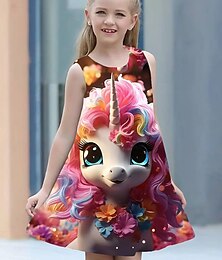 halpa -Tyttöjen 3D Yksisarvinen Mekko Hihaton Kesä Kevät Loma Päivittäin Pyhäpäivä Prinsessa Kaunis Makea Lapset 4-12 vuotta Rento mekko A linjainen mekko Polvipituinen Normaali