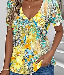 preiswerte -Damen T Shirt Blumen Grafik Pflanzen Vintage Stilvoll Klassisch Kurzarm V Ausschnitt Normale Oberteile Täglich Druck Gelb Rosa Grün Sommer Frühling