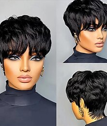 cheap -Pixie Cut Wig Synthetic Wig Short Layered Pixie Cut Wigs for Black Women Glueless Short Straight Bob Wig Black Color