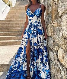 voordelige -Dames Lange jurk maxi-jurk Gala jurk Feestjurk Elegant Modieus Avond Feest Feest Speciale gelegenheden  Normale pasvorm Bloem Mouwloos Spaghettibandjes blauw Zomer