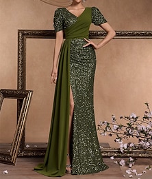abordables -Robes de Quinceanera A-Line Robe élégante Mariage formel Longueur au sol Manches courtes Col en V Pailletée avec sequins