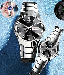 abordables -Reloj de pareja luminoso con dos esferas redondas, resistente al agua IPX7, de cuarzo, calendario y fecha, de acero inoxidable, ideal para negocios, citas, San Valentín.