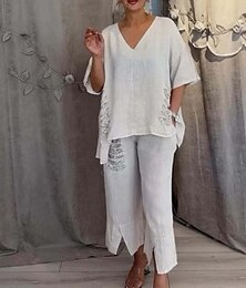 preiswerte -Damen Aktiv Mode Baumwoll-Leinen-Hemden Bluse Hosen-Sets Langarm V Ausschnitt Einfarbig Pailletten Urlaub Alltagstauglich Schwarz Weiß Rote Sommer Normale Passform