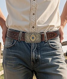 preiswerte -Herren-Westerngürtel aus Kunstleder mit gravierter Vintage-Schnalle und blauem Edelstein, Cowboy-Stil für Rodeo, Outdoor-Events und Freizeitkleidung