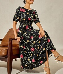 economico -Per donna Vestito maxi Vestito nero Abito linea A Elegante Moda Manica a sbuffo Da mare Giornaliero Morbido Floreale Manica corta Girocollo Nero Estate