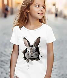 billige -Jente 3D Kanin T skjorte T-skjorte Kortermet Sommer Vår Mote Grunnleggende Barn 4-12 år Crew-hals utendørs Avslappet Daglig Normal