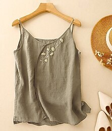 economico -Per donna Gilet in cotone e lino Blusa Fiore Moderno Casual Senza Maniche Spallina Top Regolari Quotidiano Ferie Ricamato Bianco Verde Estate
