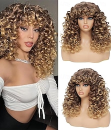 abordables -Perruque bouclée, grandes perruques bouclées pour femmes noires et blanches, perruque afro bouclée de 20 pouces de long avec frange, perruques de remplacement de cheveux synthétiques pour cosplay et