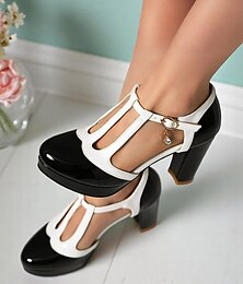 ieftine -Pantofi cu toc înalt și platformă, cu bareta în T, alb-negru, pentru femei – încălțăminte elegantă, inspirată din stilul vintage al anilor 1950, pentru birou, nunți și cocktailuri