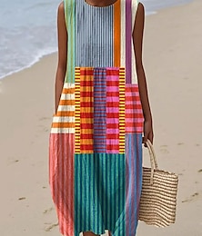 abordables -Femmes Robe Midi Robe d'Été Vacances Occasionnel Boho Sortir Fleuri Graphique Sans manches Col Rond Blanche Bleu Vert Kaki Été Printemps