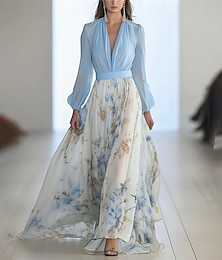 economico -Per donna Abito Lungo Maxi Abito Vestito Casual Abito Floreale Elegante Moda Romantico All'aperto Ferie Data Vestibilità regolare Fiore Manica Lunga Scollo a V Bianco Blu Estate Primavera