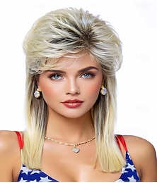 economico -Parrucche mullet per donne, capelli sintetici ricci resistenti al calore, lunghi fino alle spalle, stile rocker anni '80, parrucche cosplay (biondo misto nero)