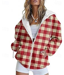 abordables -Mujer Chaqueta casual Cómodo Bolsillo Estampado Deportes Moda Exterior Plaid Casual Diario Fin de semana Cremallera Regular Con Capucha Ajuste regular Manga Larga Ropa de calle Rosa Rojo Morado